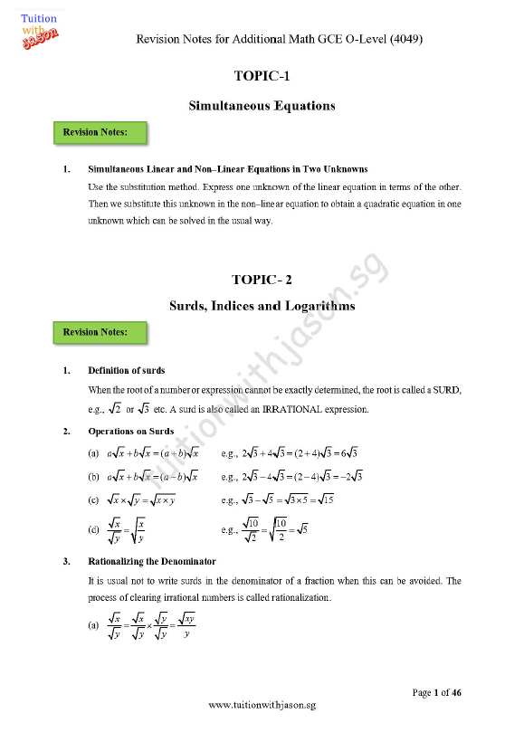 a-math revision notes – Tuition with Jason – Math Specialist