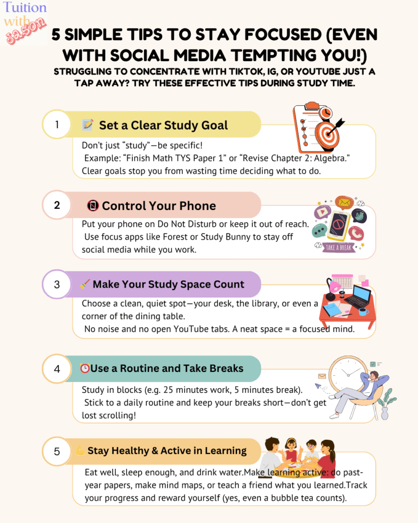 5 simple tips to stay focus. when studying. Additional Math & Math Tuition at Woodlands and Boon Lay. Best A-Math and Math Secondary School tuition
