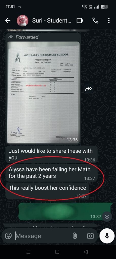 suri anyssa testimonial. best math and additional math tuition near you.