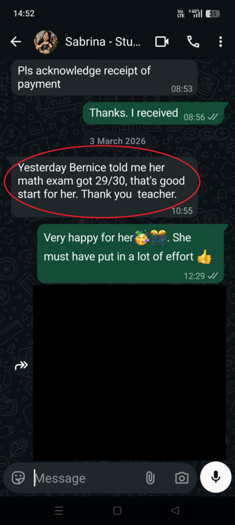 bernice testimonial of tuition with jason, a-math and e-math. best math tuition woodlands jurong west, boon lay, taman jurong, yew tee, choa chu kang, marsiling, admiralty, sembawang