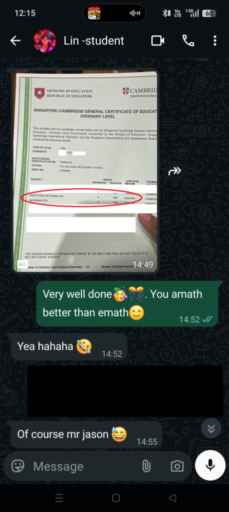 lin testimonial of tuition with jason, a-math and e-math. best math tuition woodlands jurong west, boon lay, taman jurong, yew tee, choa chu kang, marsiling, admiralty, sembawang